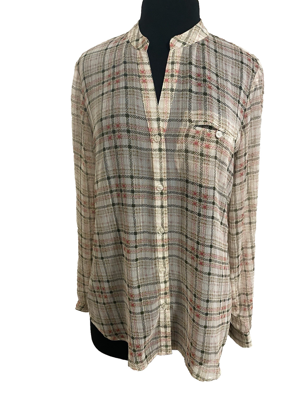 Kut from the Kloth Womens Blouse Size Medium Plaid Flowy Sheer Roll Tab Sleeves